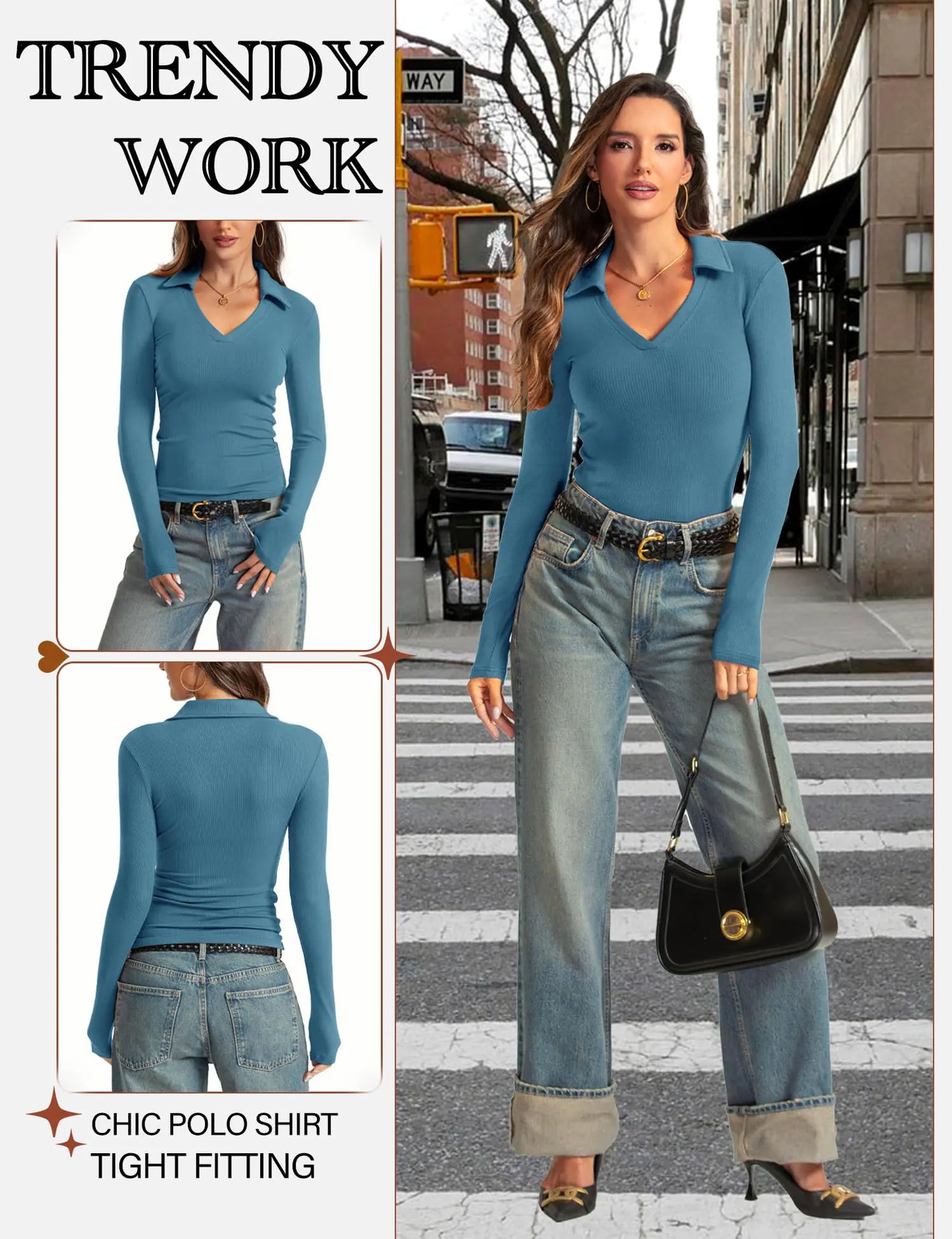 Womens Long Sleeve V Neck Polo Shirts Business Casual Collared Work Top Slim Fitted Basic 2024 Fall Shirt Dustblue Small